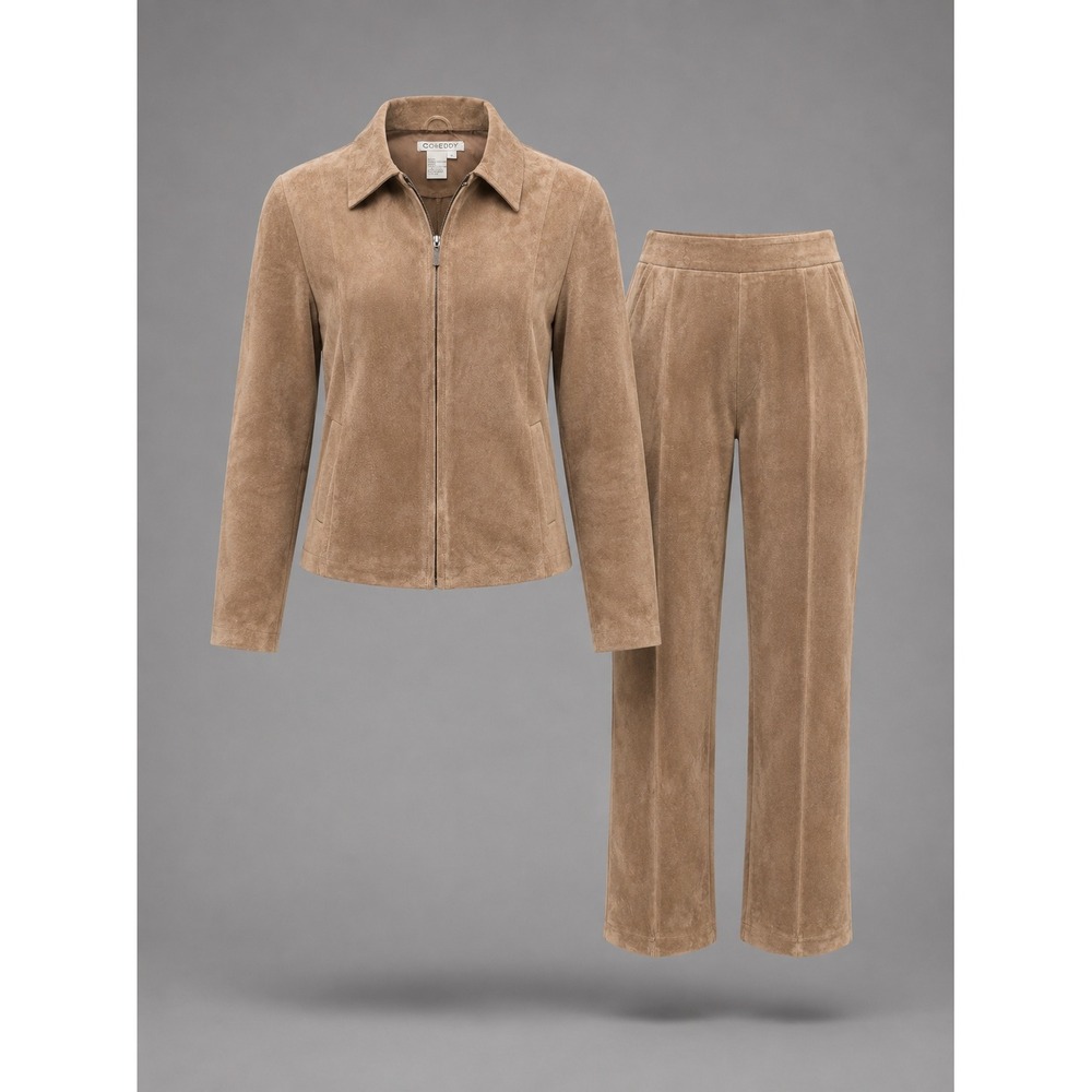 Co & Eddy Womens Tan Brown Genuine Suede Leather Zip Jacket 6 and Pants 4 Set